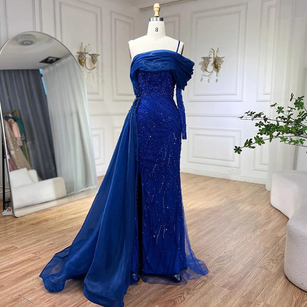 Elegant Blue Mermaid One Shoulder Evening Dress with Luxury Pearl Beading for Women - Perfect for Weddings, Parties & Special Occasions - Serene Hill Collection 2025 LA72244