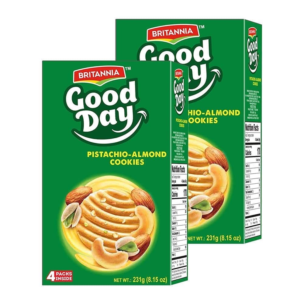 BRITANNIA Good Day Pistachio Almond Cookies 8.15oz (231g) - Crunchy Nutty Biscuits for Breakfast, Tea Time & Office Snacks - Delicious Grocery Cookies Pack of 2 - Perfect with Coffee, Milk or as Dessert