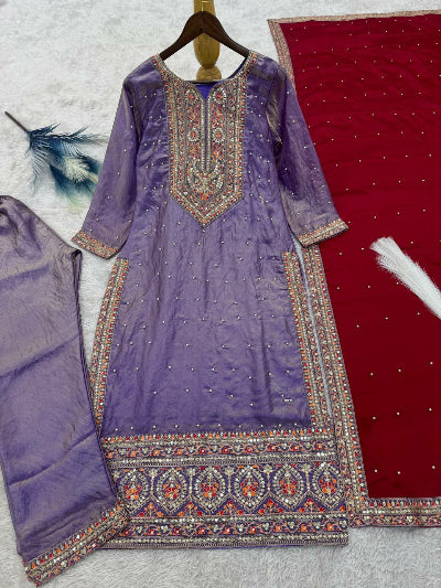 Lavender Silk Moti Work Straight Suit with Red Dupatta - Elegant Indian Ethnic Wear for Weddings, Parties & Festive Occasions