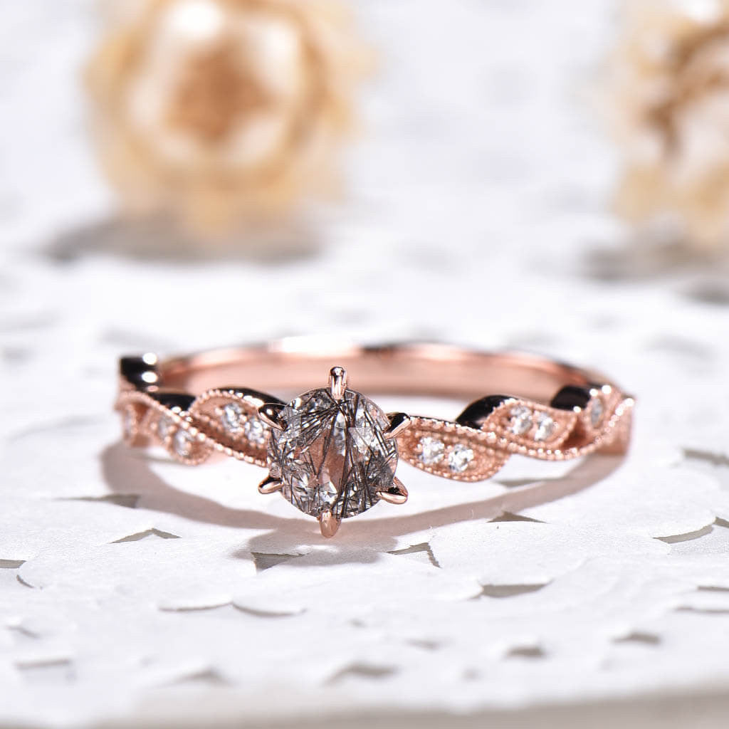 14K/18K Gold Unique Milgrain Black Rutilated Quartz Engagement Ring - Bezel Set Solitaire Ring for Women, Vintage Style Wedding Band, Perfect Proposal Gift for Her (Occasions: Engagement, Anniversary, Valentine's Day)
