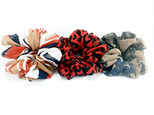 Soft Georgette Hair Scrunchies for Women & Girls - 3 Pack Printed Elastic Hair Ties (Floral/Abstract Patterns) - Perfect for School, Workouts, and Everyday Styling