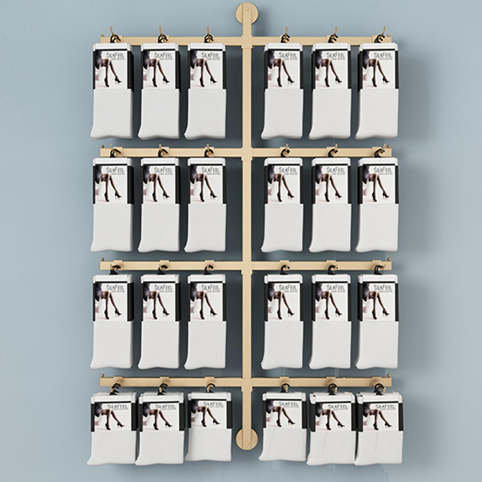 Wall-Mounted Retail Display Rack for Socks, Slippers & Accessories - Gold Commercial Shelving Unit for Clothing Stores & Boutiques | Space-Saving Storage Solution for Underwear, Phone Cases & Small Items