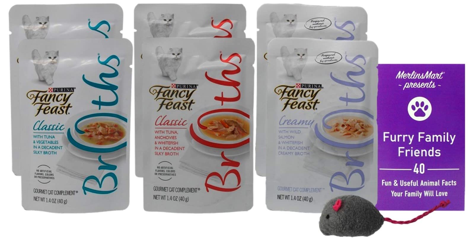 Fancy Feast Broths Cat Food Topper Variety Pack - 6 Pouch Sampler with 3 Flavors (Creamy Salmon Whitefish, Classic Tuna Vegetable, Tuna Anchovy Whitefish) 1.4oz Each | Includes Catnip Toy & Fun Facts Booklet | Perfect for Picky Eaters & Cat Treat Time
