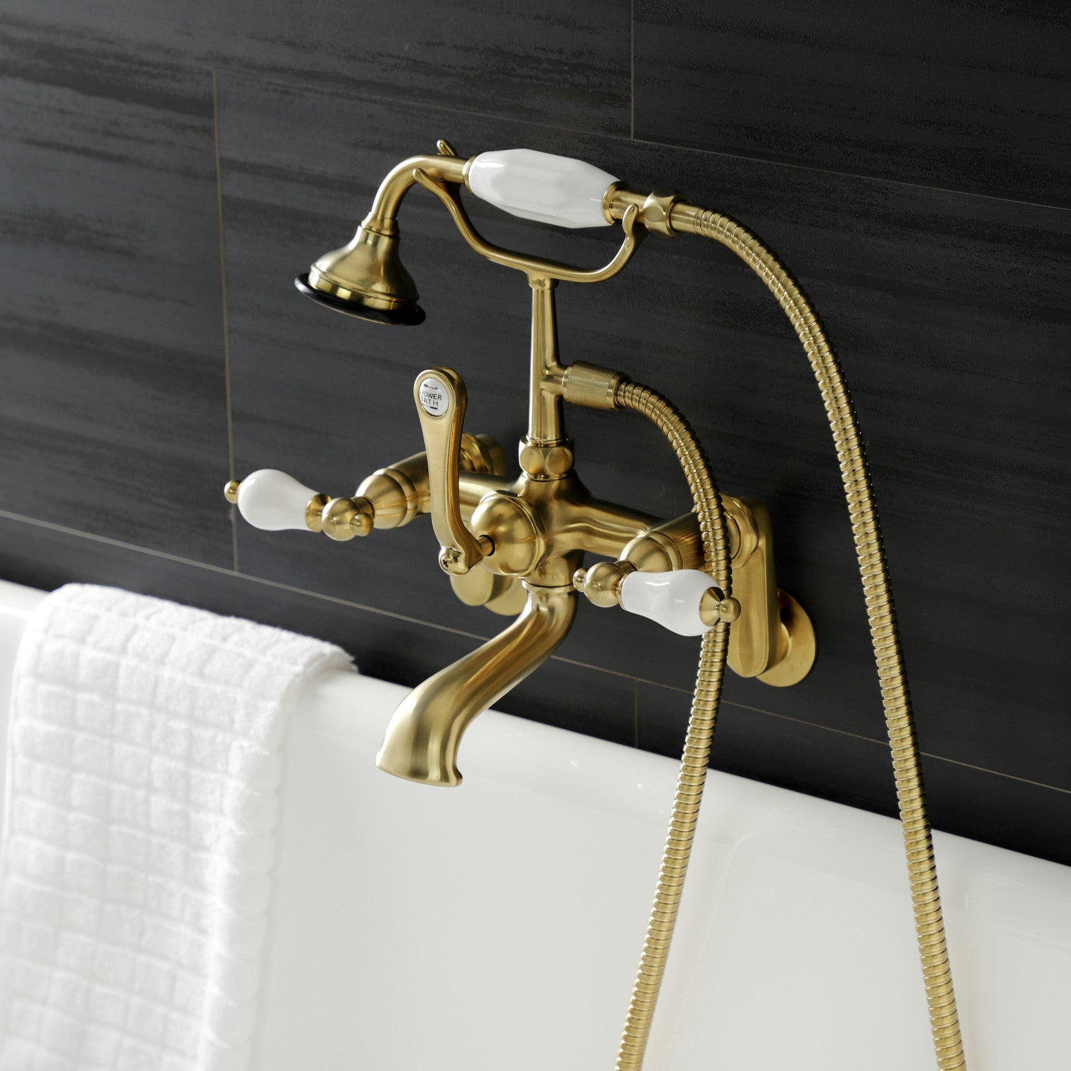 Vintage Style AE55T7 Three Handle 2 Hole Wall Mount Clawfoot Bathtub Faucet with Hand Shower in Brushed Brass - Perfect for Classic Bathroom Renovations and Luxury Spa Retreats