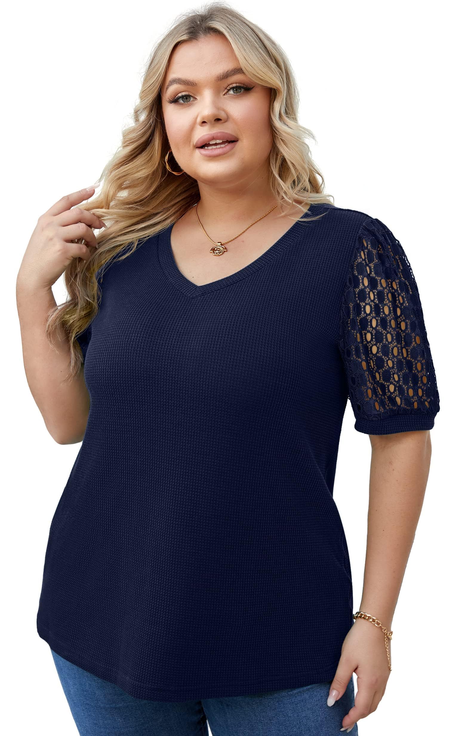 OLRIK Plus Size Tops for Women - Summer Waffle Knit Blouse with Short Lace Sleeves | Casual Office Wear & Date Night Outfits