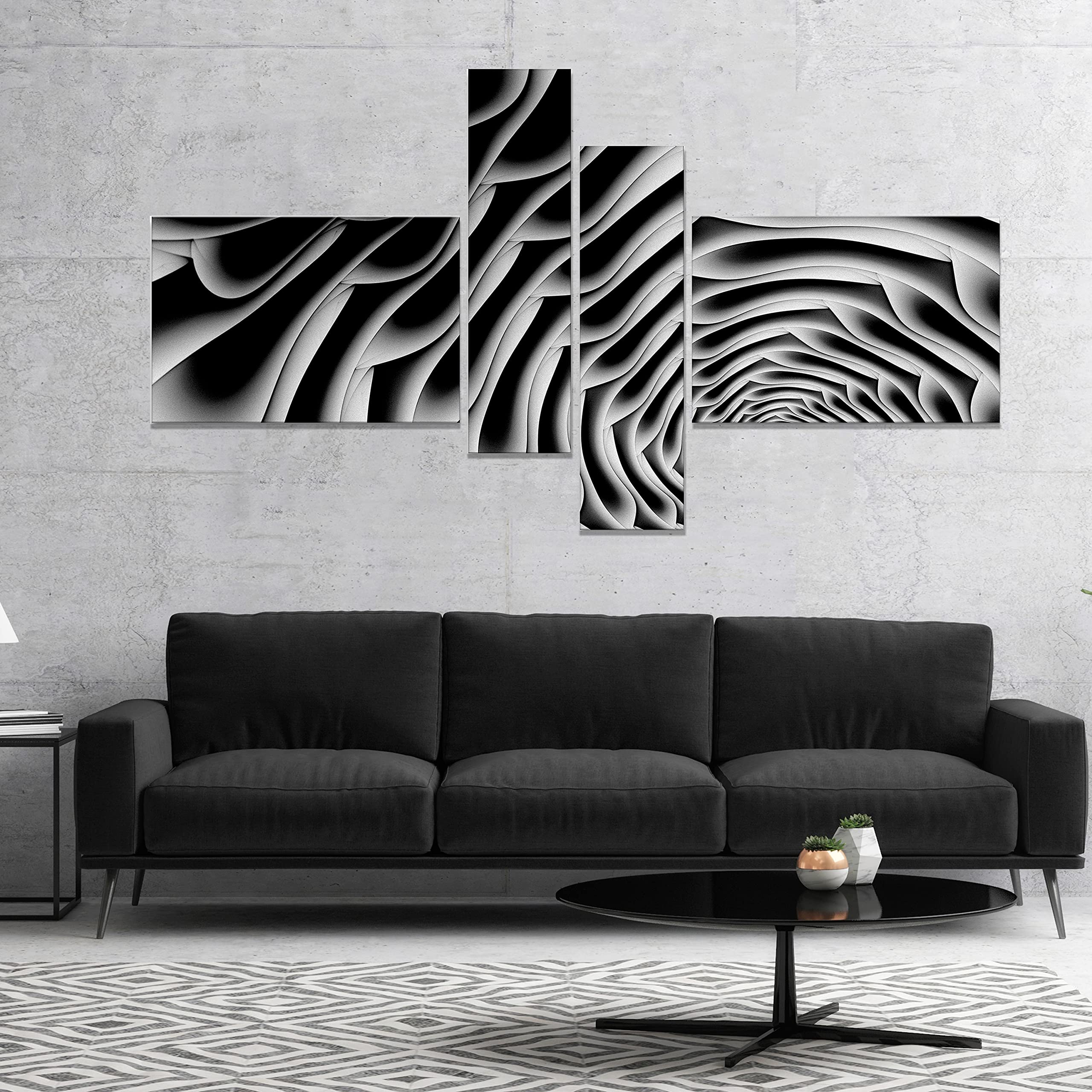 Abstract White Flower Shaped Fractal Art Canvas Wall Decor - 60x32 Inch 4-Panel Modern Artwork for Living Room, Bedroom & Office