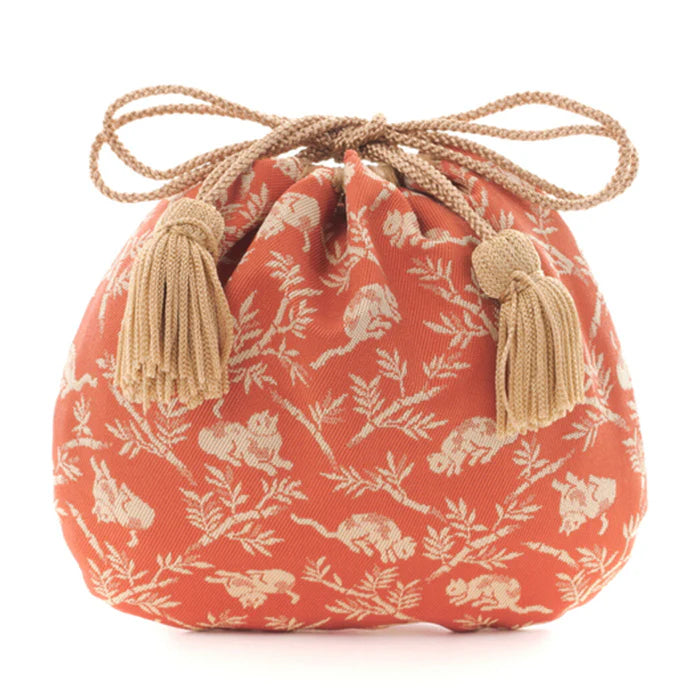 Nishijin Ori Small Drawstring Bag - Bamboo Groves & Cats / Rose Design | Handmade in Kyoto Japan | Traditional Japanese Craft Purse for Coins, Jewelry & Gifts