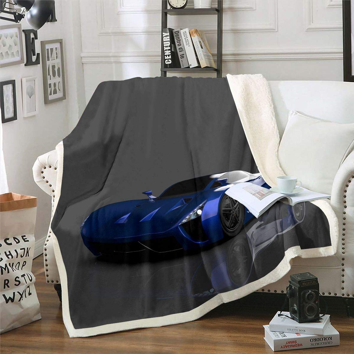 Race Car Fleece Throw Blanket - Extreme Sports Themed Sherpa Plush Blanket for Bed, Sofa & Car - 90x90 Queen Size Soft Blue Blanket - Perfect for NASCAR Fans, Gaming Rooms & Cozy Winter Nights