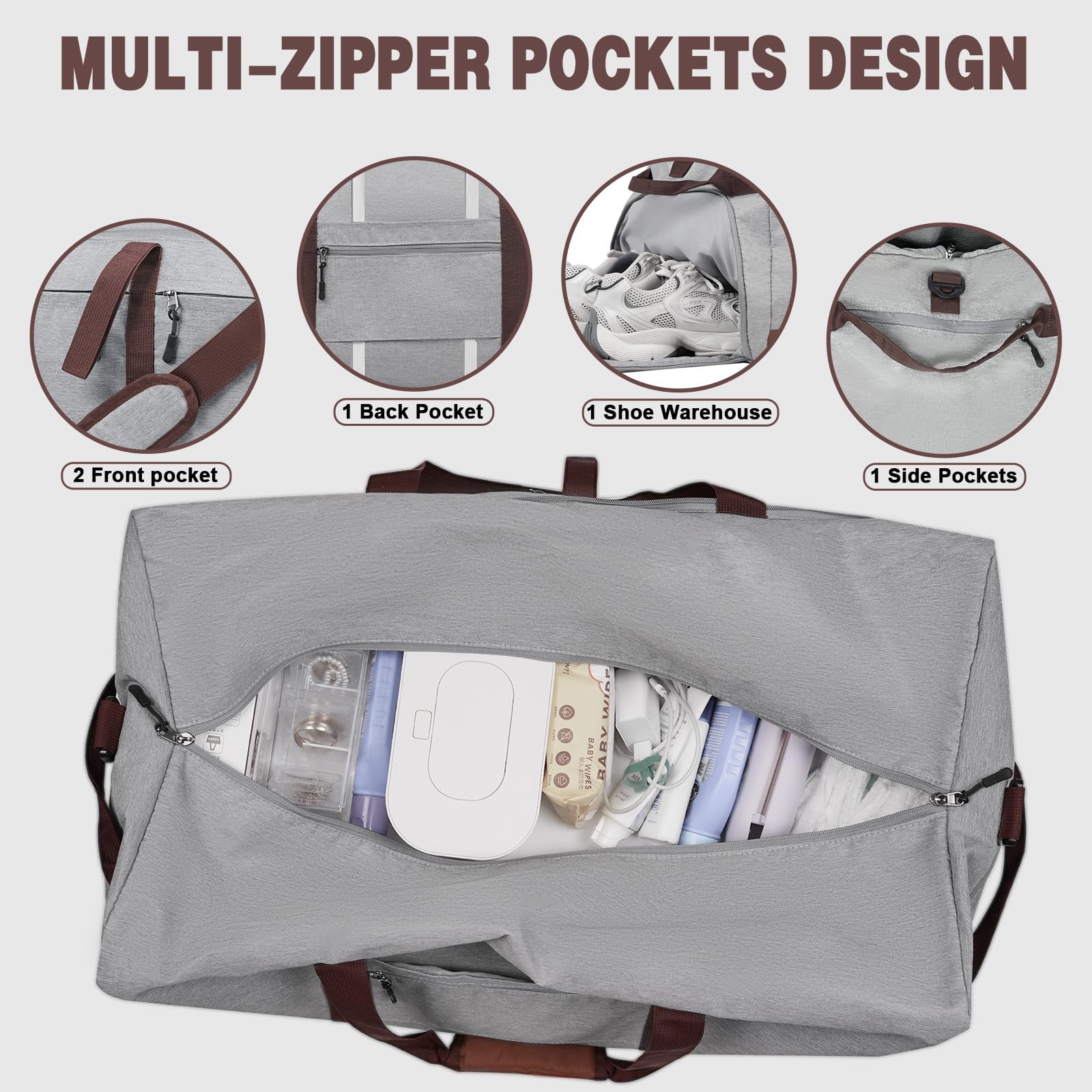 120L Large Foldable Waterproof Duffle Bag for Travel, Gym, Camping & Beach - Collapsible Packable Duffel Bag with Shoe Compartment for Men & Women (Grey) - Perfect for Sports, Swimming Pool & Outdoor Adventures
