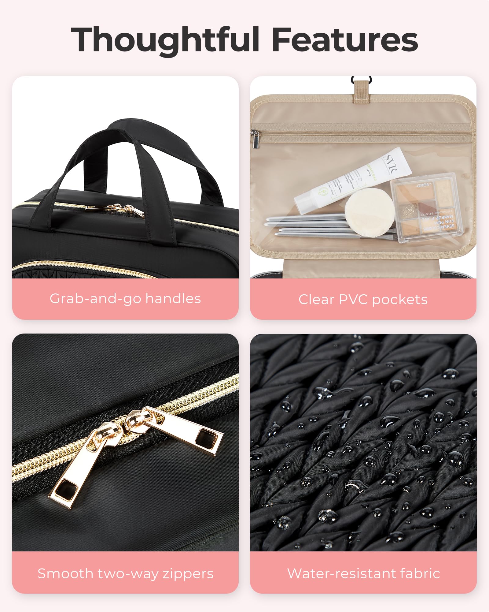 BAGSMART Hanging Travel Toiletry Bag with Jewelry Organizer - Waterproof Makeup Cosmetic Bag for Women & Men - Perfect Carry-on Toiletry Organizer for Airplane, Camping, Gym & Business Trips - Black