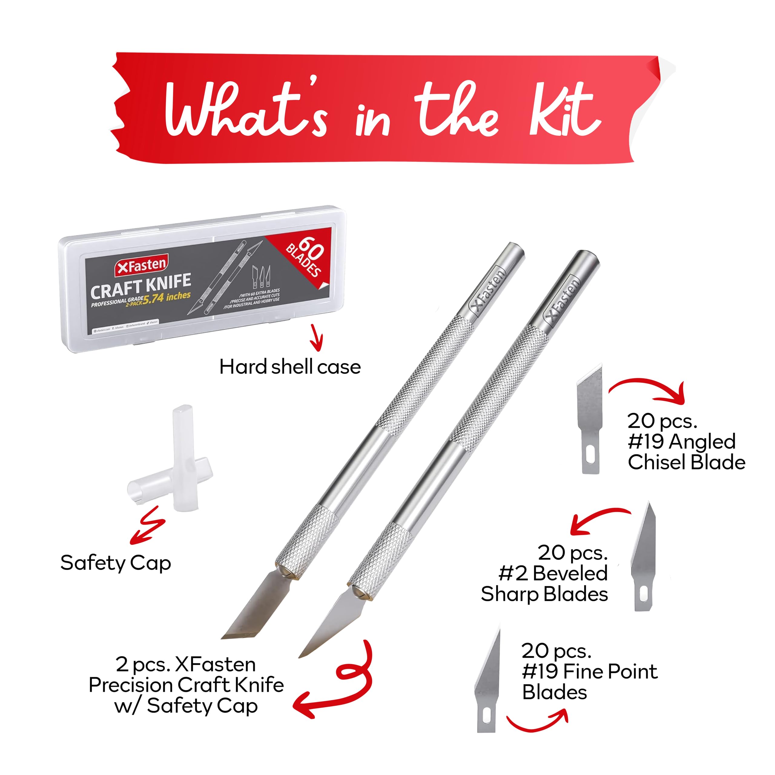 XFasten Precision Craft Knife Set - 2 Exacto Knives with 60 Blades | Professional Hobby Knife for Art, Model Making & DIY Projects | Perfect for Cutting Clay, Mats, Plastic, Paper & Craft Materials | Ideal for Artists, Scrapbooking & Home Improvement