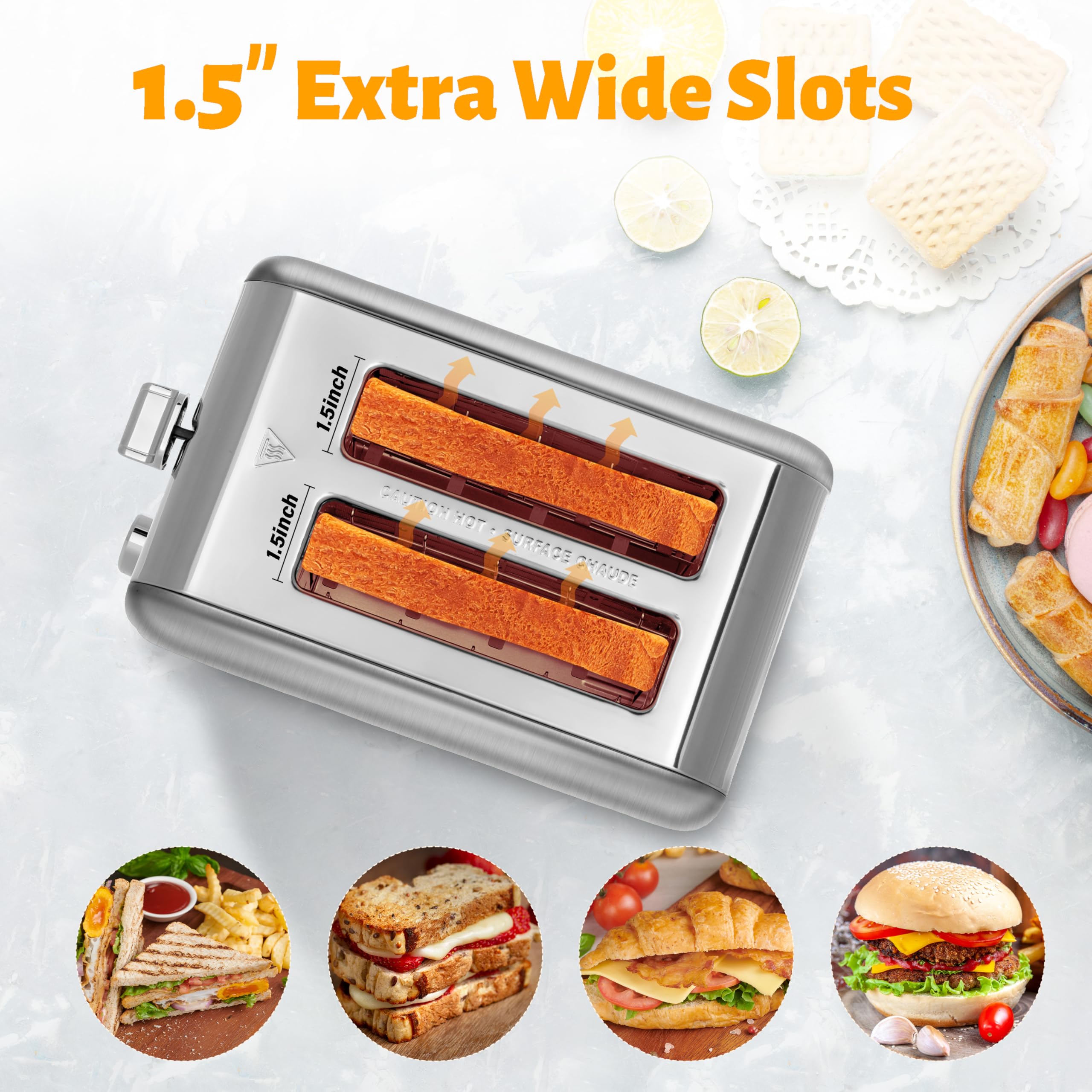 HealSmart 2 Slice Stainless Steel Toaster - Extra Wide Slots, Removable Crumb Tray, 5 Shade Settings | Bagel, Defrost & Cancel Functions | Retro Compact Design for Bread, Waffles, Bagels & Pastries | Perfect for Kitchens, Dorms, Offices & Small Spaces (Silver)