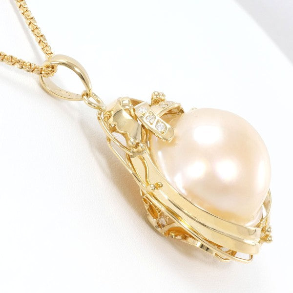 18K Yellow Gold Semi-Round Pearl and Diamond Necklace for Women - Elegant Bridal Jewelry, Anniversary Gift, Party Wear