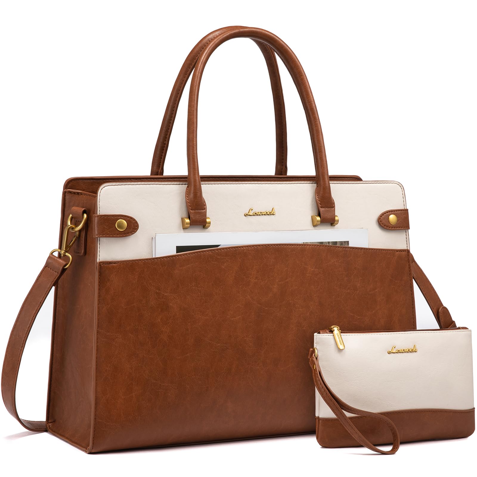 LOVEVOOK Vintage Leather Laptop Tote Bag for Women - Waterproof 15.6 Inch Business Office Briefcase, Large Shoulder Handbag Purse in Brown-Beige, Perfect for Work, Travel, and Everyday Use