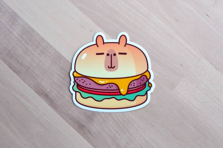 Capybara Cheeseburger Vinyl Sticker - Waterproof Decal for Laptops, Water Bottles & DIY Crafts - Fun Kawaii Animal Stickers for Scrapbooking & Journaling