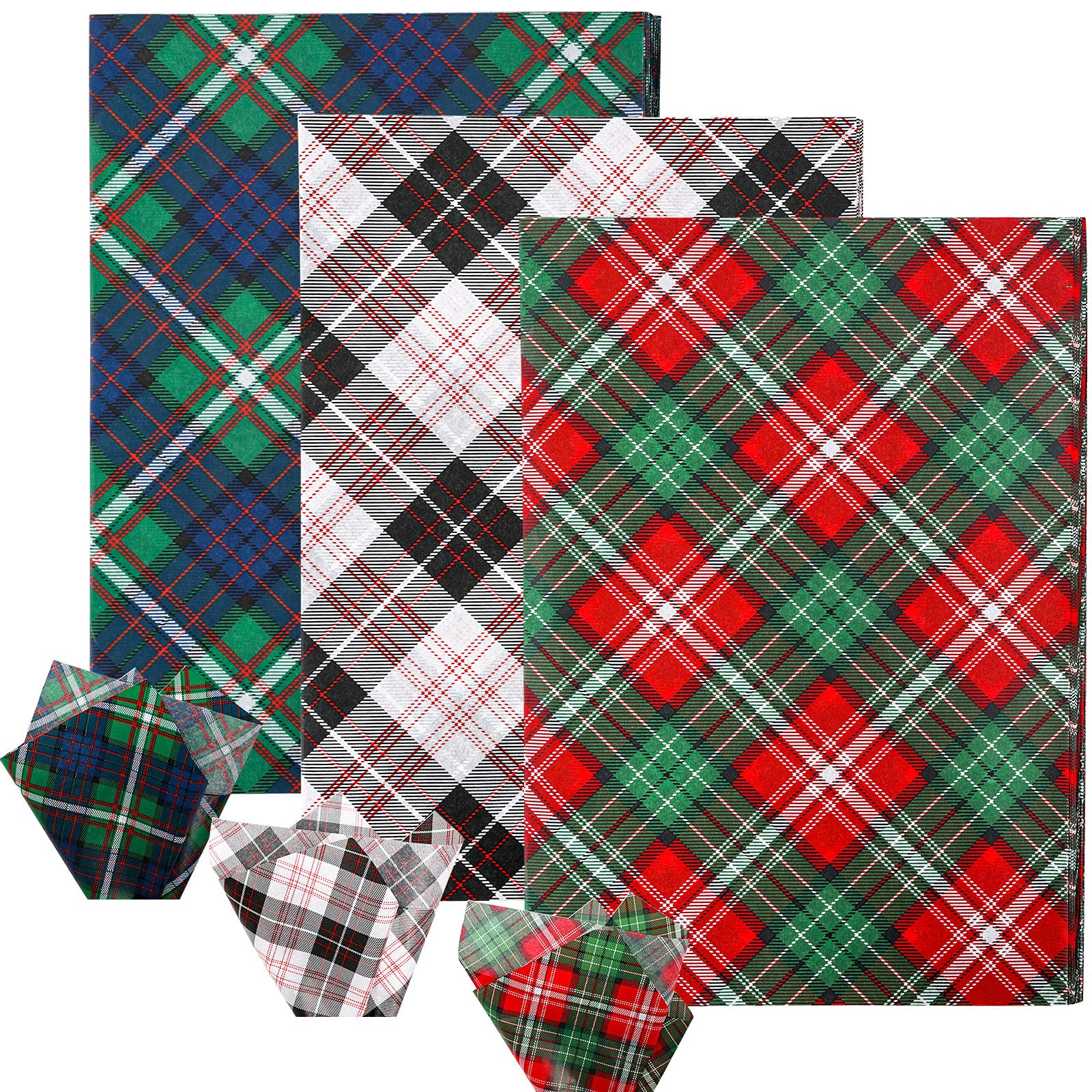 Whaline Christmas Buffalo Plaid Wrapping Paper - 90 Sheets of Blue, Red, Green, White & Black Rustic Tissue Paper for DIY Gift Bags, Crafts, Home Decor | Perfect for Holiday Presents, Xmas Tree Decorations & New Year Party Supplies