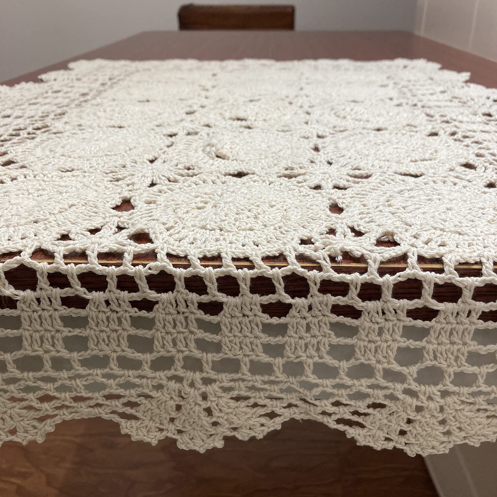 Hsvanyr Beige Rectangular Cotton Crochet Lace Table Runner - Handcrafted 19x31 Inch Dining Room Centerpiece for Elegant Home Decor