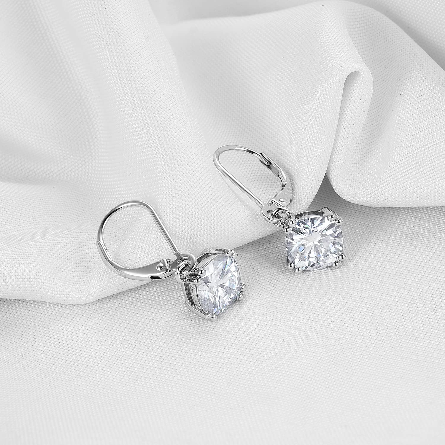 DovEggs 4ct Blue Cushion Cut Moissanite Hoop Earrings for Women - 7.5x7.5mm Leverback Earrings in 14K Gold or Sterling Silver | Elegant Jewelry Gift for Wedding, Anniversary & Special Occasions