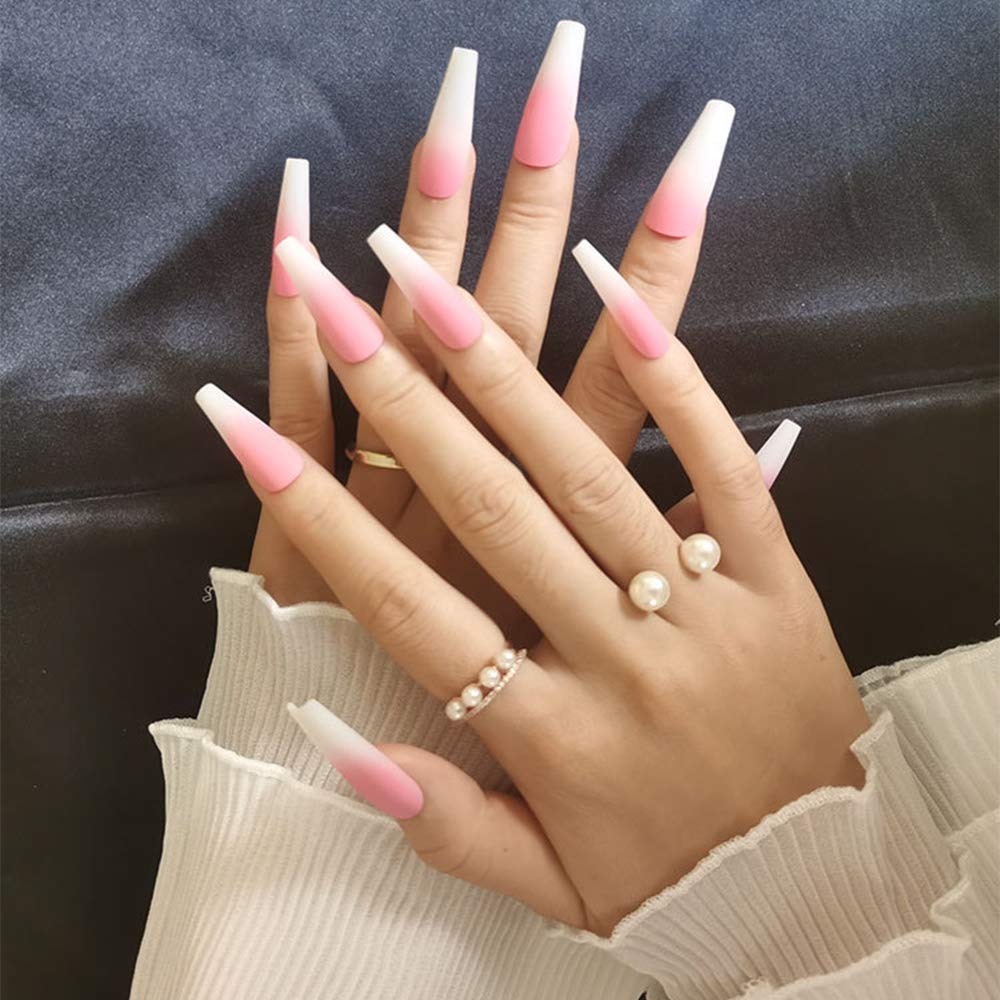 24Pcs Extra Long Ballerina Gradient False Nails - Matte Pink Coffin Press-On Nails with Glue & Stickers | Salon Quality Fake Nails for Women & Girls | Perfect for Parties, Weddings, and Special Occasions