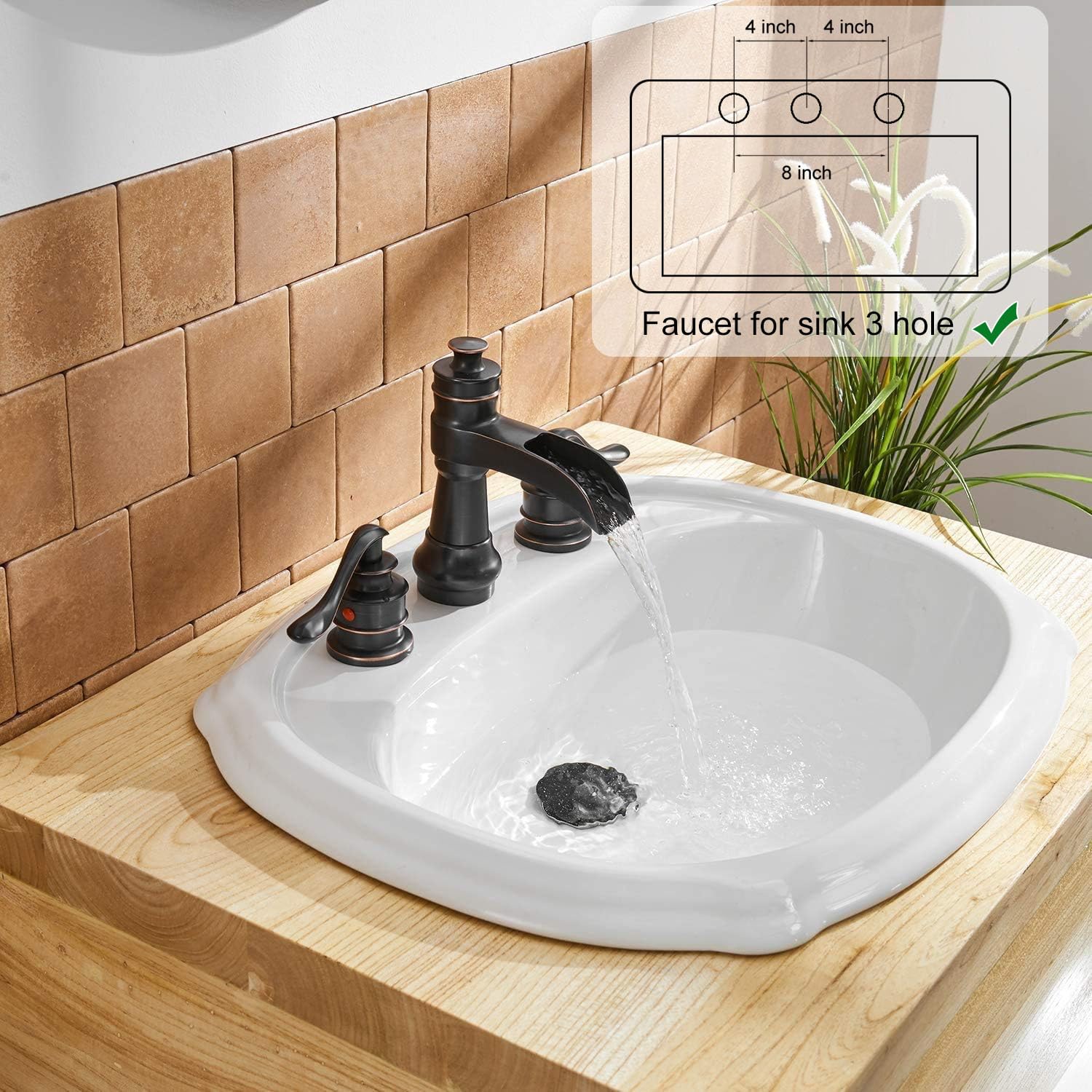 8 Inch Widespread Bathroom Sink Faucet - Oil Rubbed Bronze Two Handle Farmhouse Waterfall Design with Pop-Up Drain Stopper, Lead-Free Commercial Supply Lines - Perfect for Vanity, Guest Bath & Rustic Home Decor