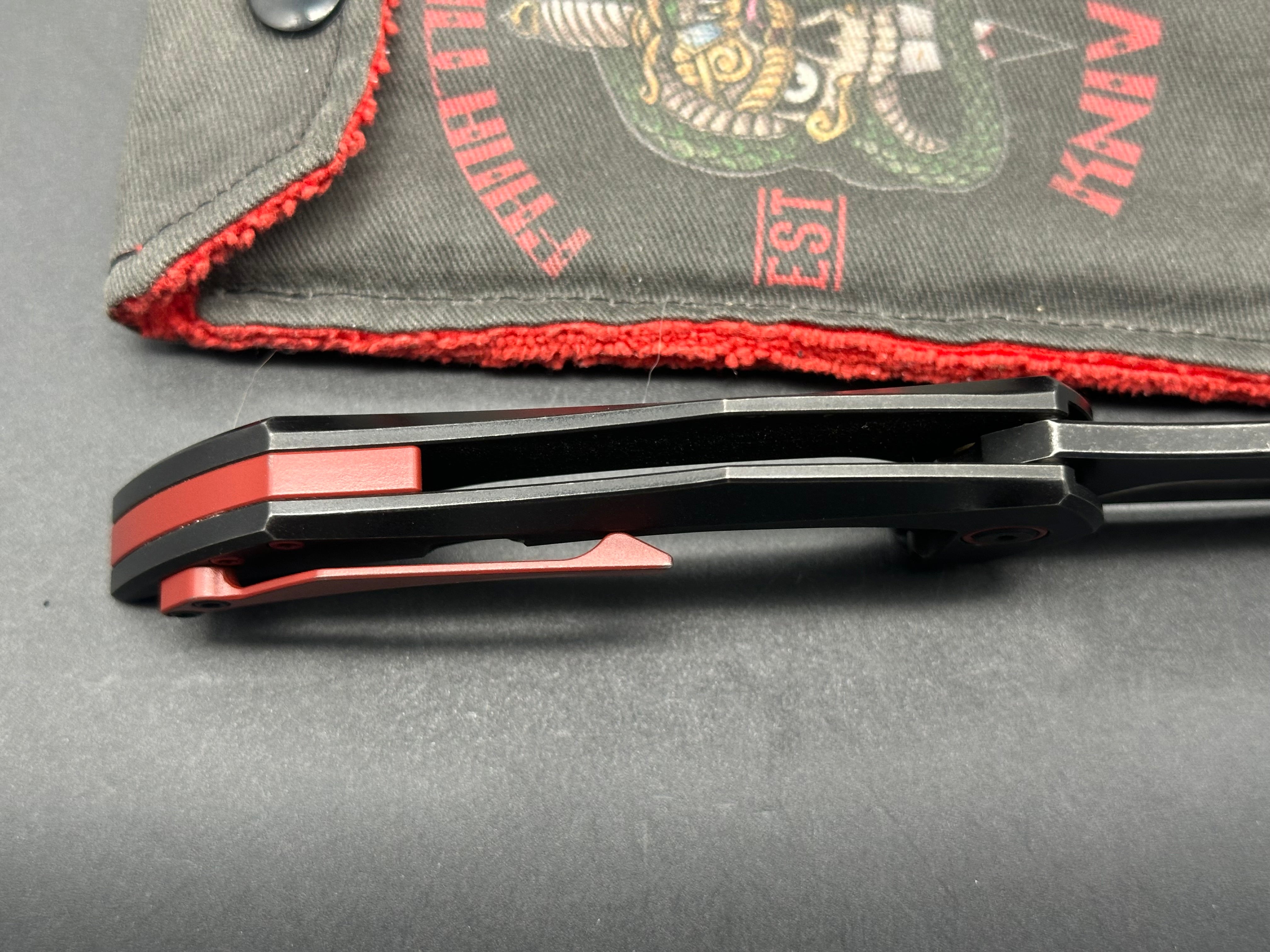 Fanatic Edge Omen Black Milled Titanium Handle Knife with Red Hardware & Clip Point Tanto Blade - Bohler M390 Steel - EDC, Camping, Survival, Outdoor Activities