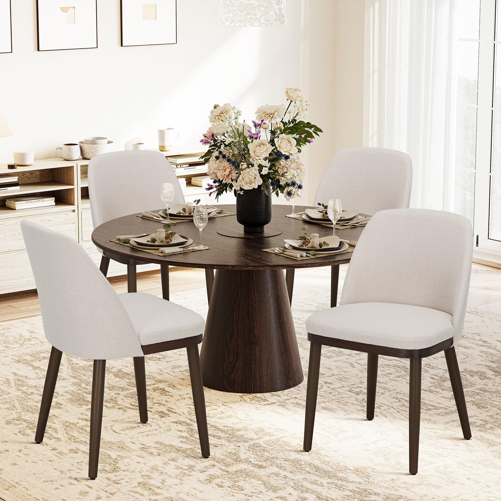 COLAMY Upholstered Dining Chairs Set of 4 - Modern Fabric Kitchen Chairs with Wooden Legs & Back Support for Dining Room, Restaurant or Home - Beige - Perfect for Family Meals, Dinner Parties & Restaurant Seating