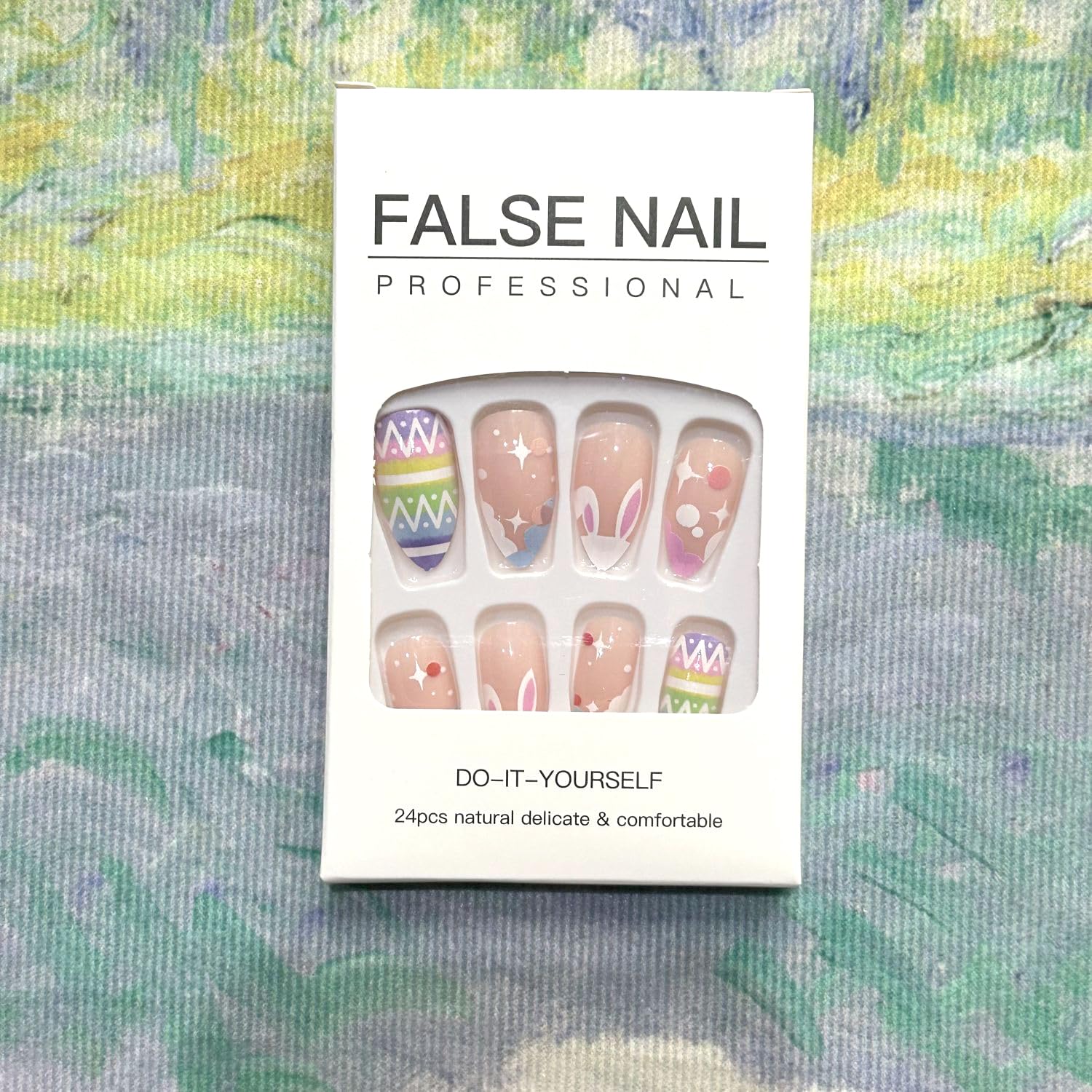 24Pcs Easter Bunny Press-On Nails - Short Almond Fake Nails in Nude Pink | Full Cover Glue-On Acrylic Nails with Easter Egg Decorations | Cute Nail Art Supplies for Women & Girls | Perfect for Easter Parties, Spring Nail Designs & Daily Wear