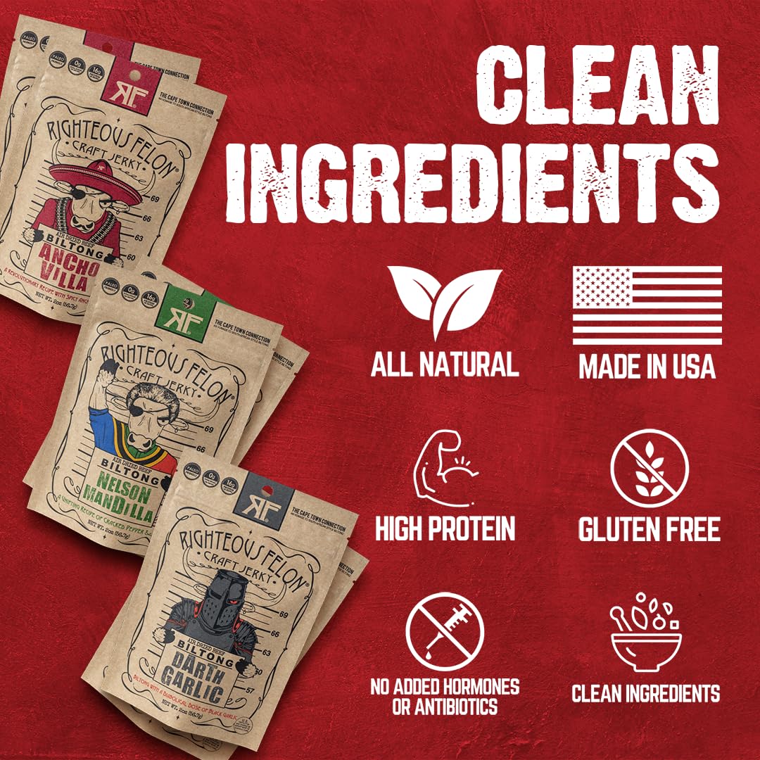 Premium South African Biltong Beef Jerky Variety Pack – High Protein, Keto & Low Sugar Snack | 6 Pack of Gourmet Dried Meat for Adults | Perfect for Hiking, Camping & Office Snacks | Great Gift for Men & Meat Lovers
