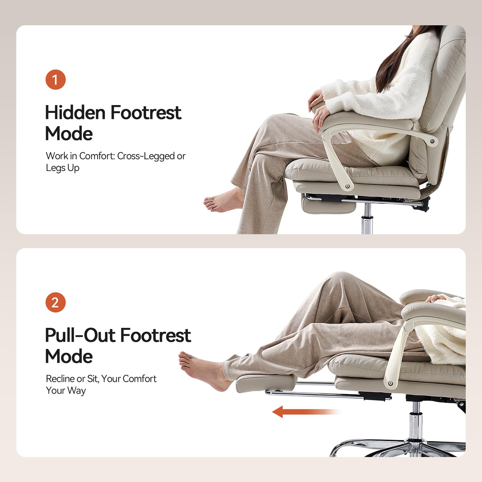 EMIAH Ergonomic Office Chair with Adjustable Footrest, Reclining Back & Lumbar Support - PU Leather Swivel Computer Chair with Wheels for Home & Executive Office - Perfect for Long Work Hours & Gaming Sessions (Beige)