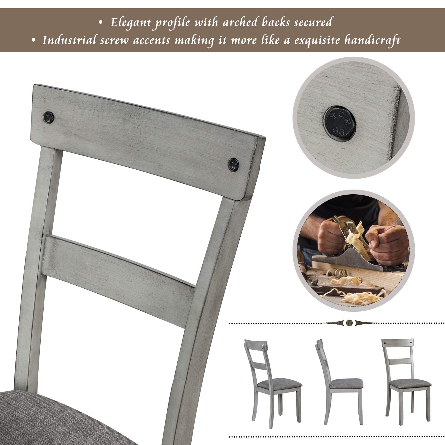 5-Piece Retro Industrial Wood Dining Table Set with 4 Upholstered Chairs - Light Grey Kitchen Table with Cushions for Small Space Dining Room, Breakfast Nook & Apartment Decor