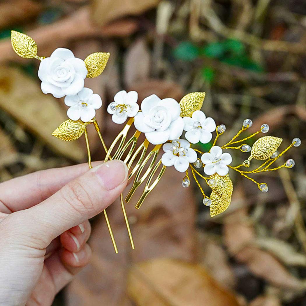 AUkmla Gold Pearl Flower Hair Comb - Elegant Bridal Wedding Hair Accessories for Women, Leaf Design Hair Pins (HC-24) | Perfect for Bridal Showers, Weddings & Special Occasions