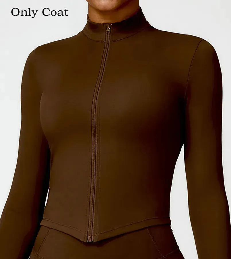 Women's Long Sleeve Quick Dry Yoga Outfit Set - Nude Zippered Sport Coat & Shorts for Fitness, Running & Workouts | Moisture-Wicking Activewear for Gym, Yoga & Outdoor Sports