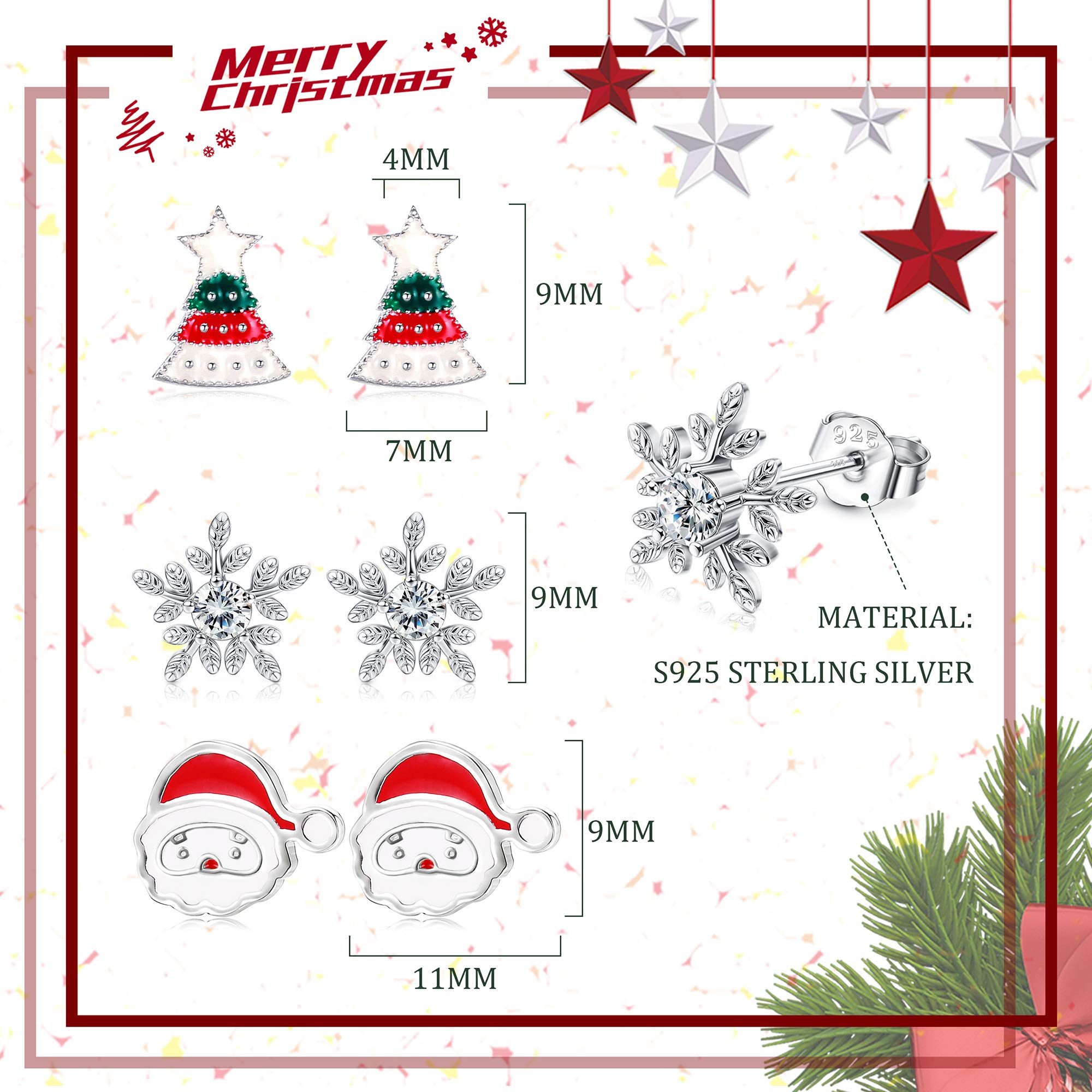 Fiasaso 3 Pairs 925 Sterling Silver Christmas Stud Earrings for Women - Hypoallergenic Snowman, Santa Claus, Christmas Tree & Snowflake Designs - Perfect Holiday Jewelry Gift for Christmas, Thanksgiving & Parties