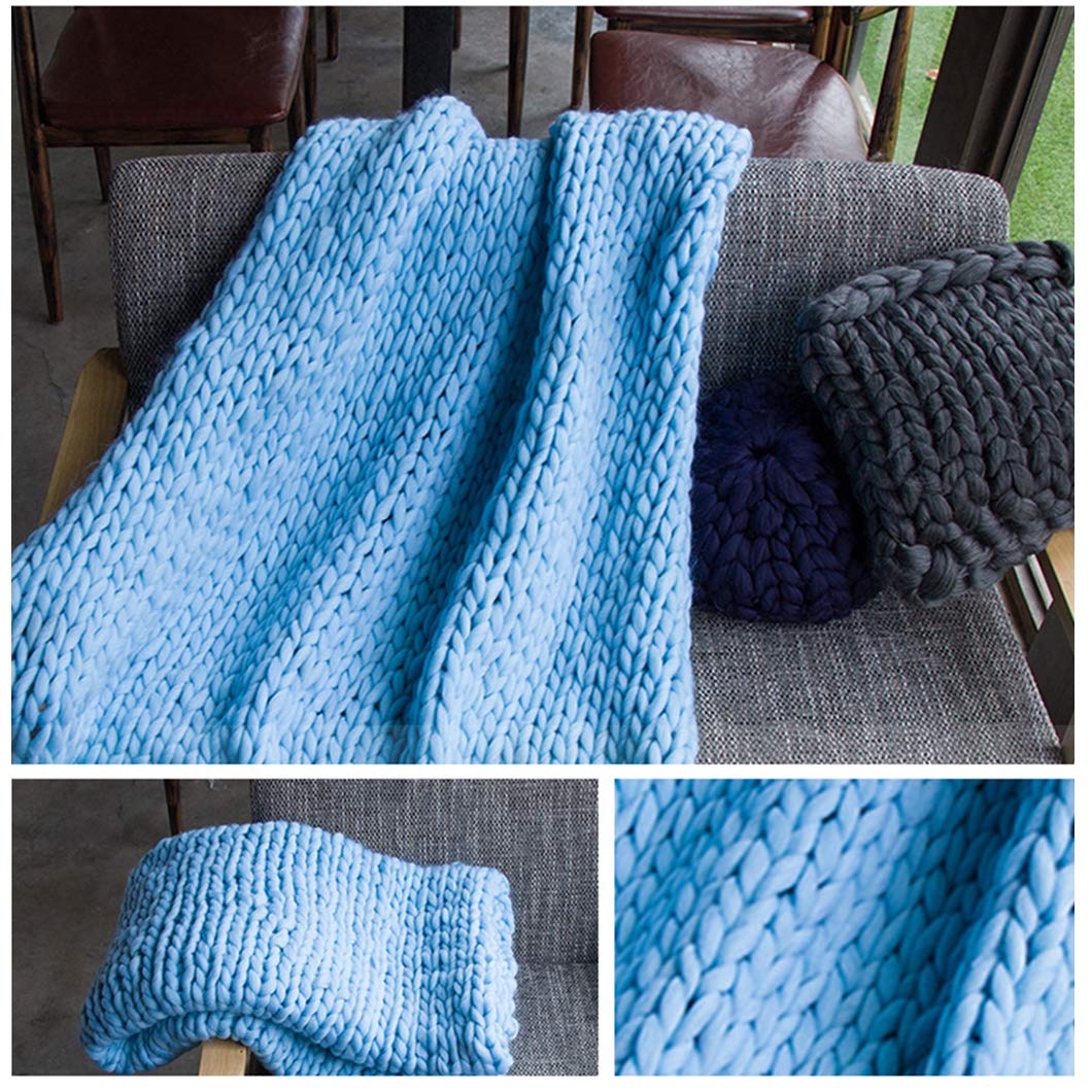 Premium Merino Wool Blanket - Extra Large 100x100cm Chunky Knit Throw - Soft Giant Yarn Blanket for Bed, Sofa & Home Decor - Perfect Mother's Day Gift in Light Blue - Cozy for Winter Nights, Movie Time & Family Gatherings