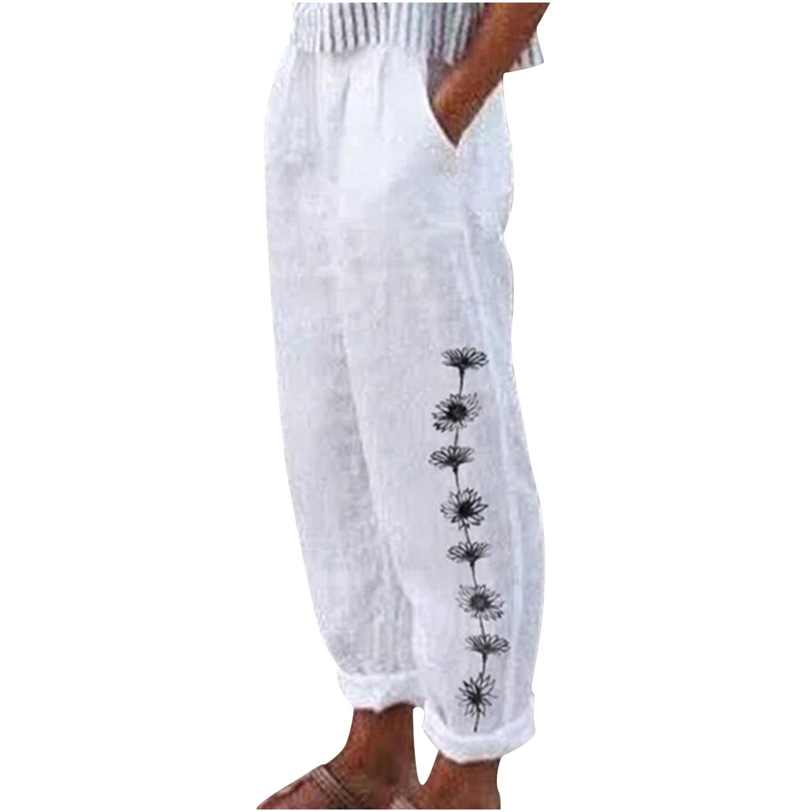 SHENGXINY Women's Summer Cargo Pants - Loose Cotton Linen Printed Pocket Trousers | Casual Long Pants for Outdoor, Travel & Streetwear Fashion