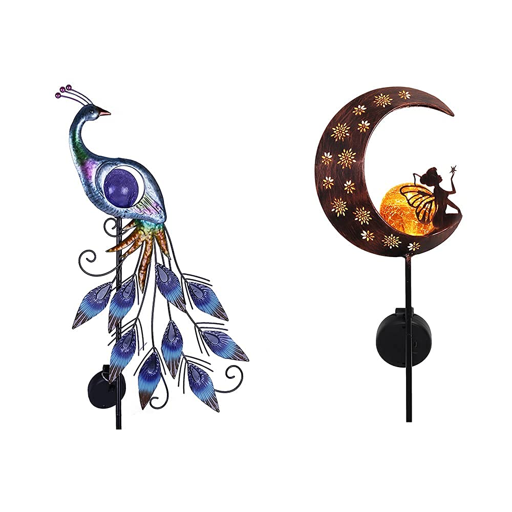 TERESA'S COLLECTIONS 31.5 Inch Metal Peacock Solar Stake Lights + 39 Inch Fairy Sitting on Moon Solar Garden Lights - Waterproof Outdoor Solar Decor for Patio, Lawn, Yard, Pathway Lighting | Perfect for Garden Decorations, Landscape Accents & Backyard Ambiance