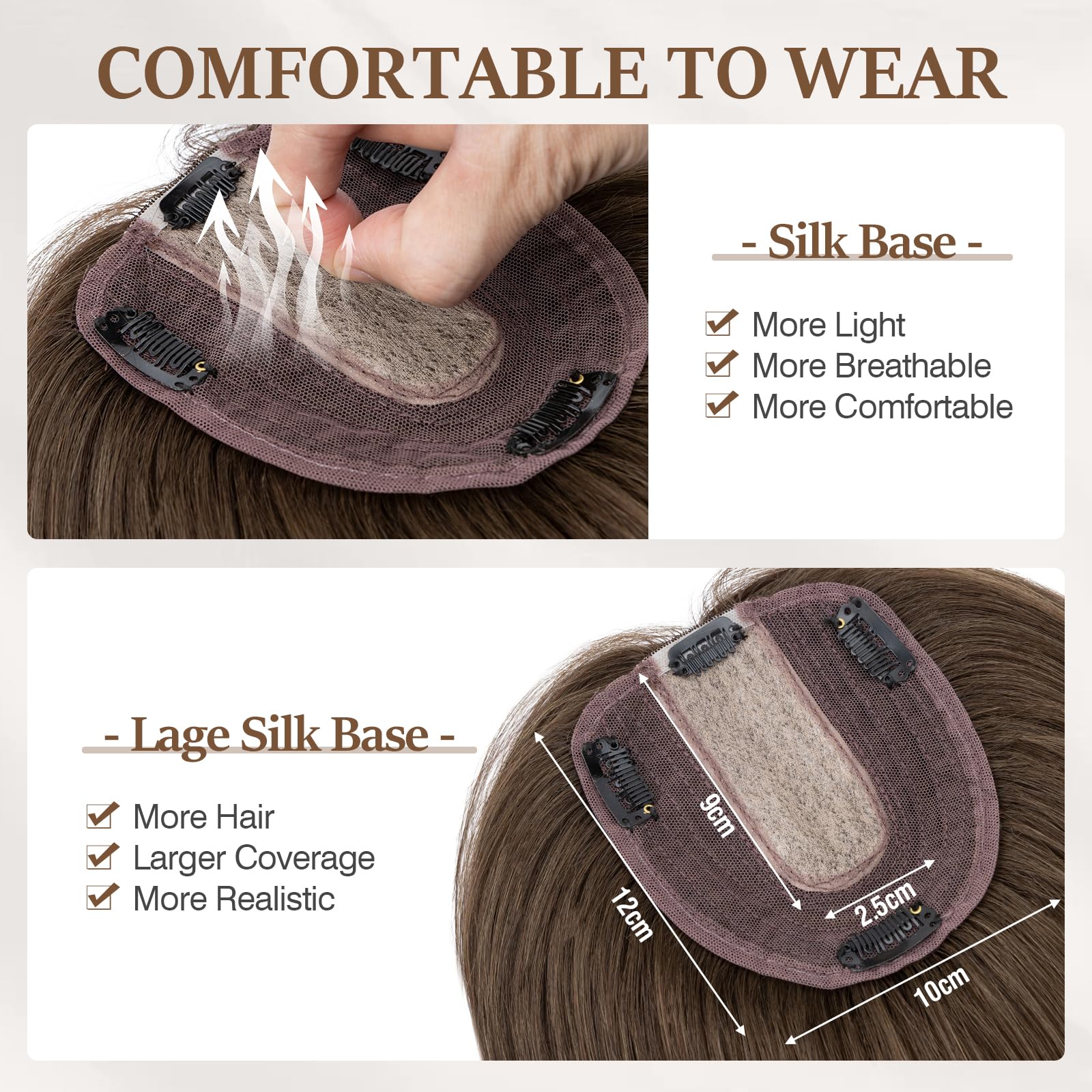 100% Human Hair Toppers for Women - Remy Clip-In Topper with Silk Base for Thinning Hair | 16 Inch #2R Chocolate Brown | Natural Looking Hair Replacement Solution for Daily Wear & Special Occasions