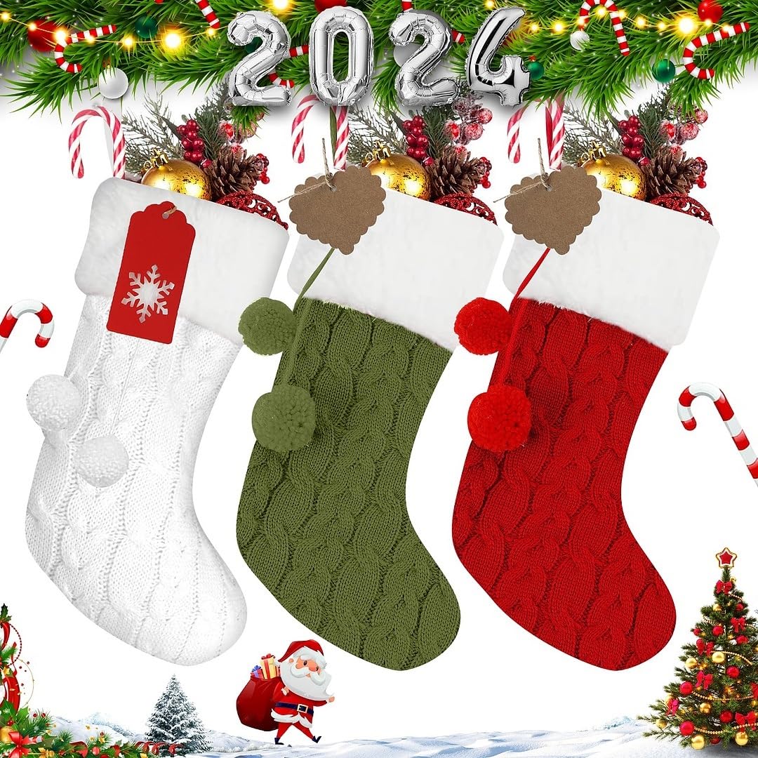 Personalized Christmas Stockings Set of 3 with 50 Name Tags - Large Xmas Stockings for Fireplace Decorations, Holiday Home Décor, Farmhouse & Family Gifts - Perfect for Christmas Tree, Mantel & Festive Celebrations