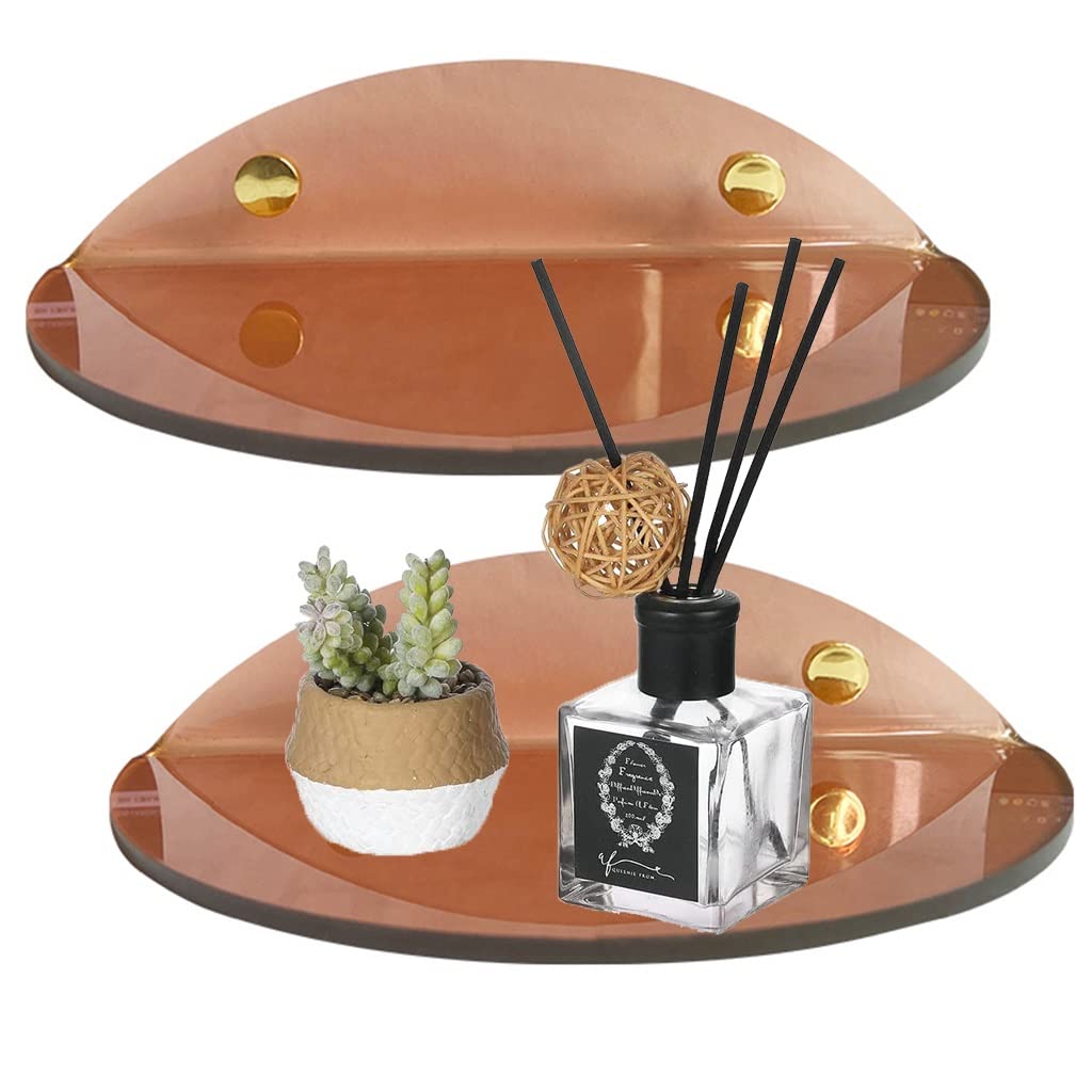 Acrylic Floating Shelves Wall Mounted Set of 2 - Modern Semi-Circle Wall Shelves for Bedroom, Bathroom & Living Room - Display Storage Shelves for Books, Plants, Vases & Home Decor (Brown, Large) - Perfect for Small Space Organization & Stylish Wall Decor