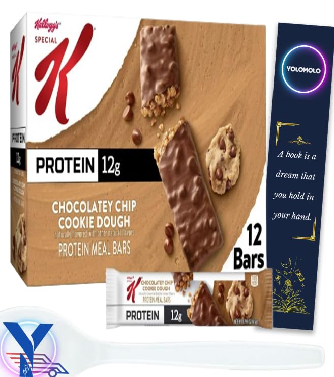 YOLOMOLO Special K Chocolatey Chip Cookie Dough Protein Bars - 19oz (12 Count) | High Protein Meal Replacement Snacks for Weight Loss & Energy | Includes Free White Plastic Spoon & Bookmark Gift | Perfect for Gym, Office & On-the-Go Nutrition