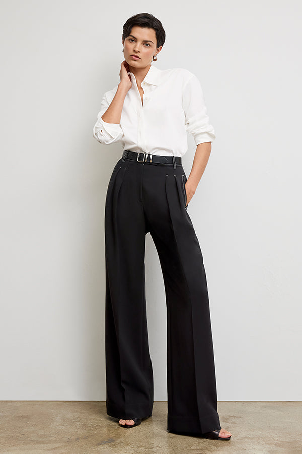 Bia Pleated Trousers for Women - High Waist Everyday Crepe Pants with Topstitch Detail - Comfortable Office Work Pants - Black - Perfect for Business Casual & Professional Wear
