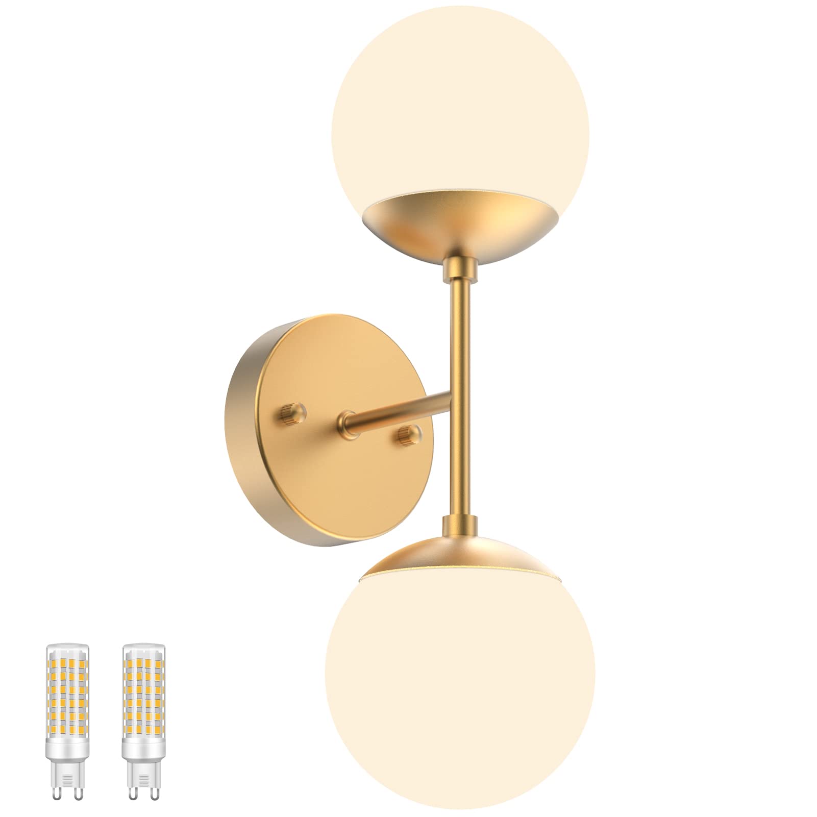 Tipace Gold Wall Sconce 2 Lights - Modern Globe Wall Light Fixture with 3000K G9 Bulbs Included - Mid Century Golden Wall Sconce for Restaurant, Living Room, Bedside, Stairs & Bathroom Mirror Lighting - Perfect for Ambient, Accent and Decorative Lighting