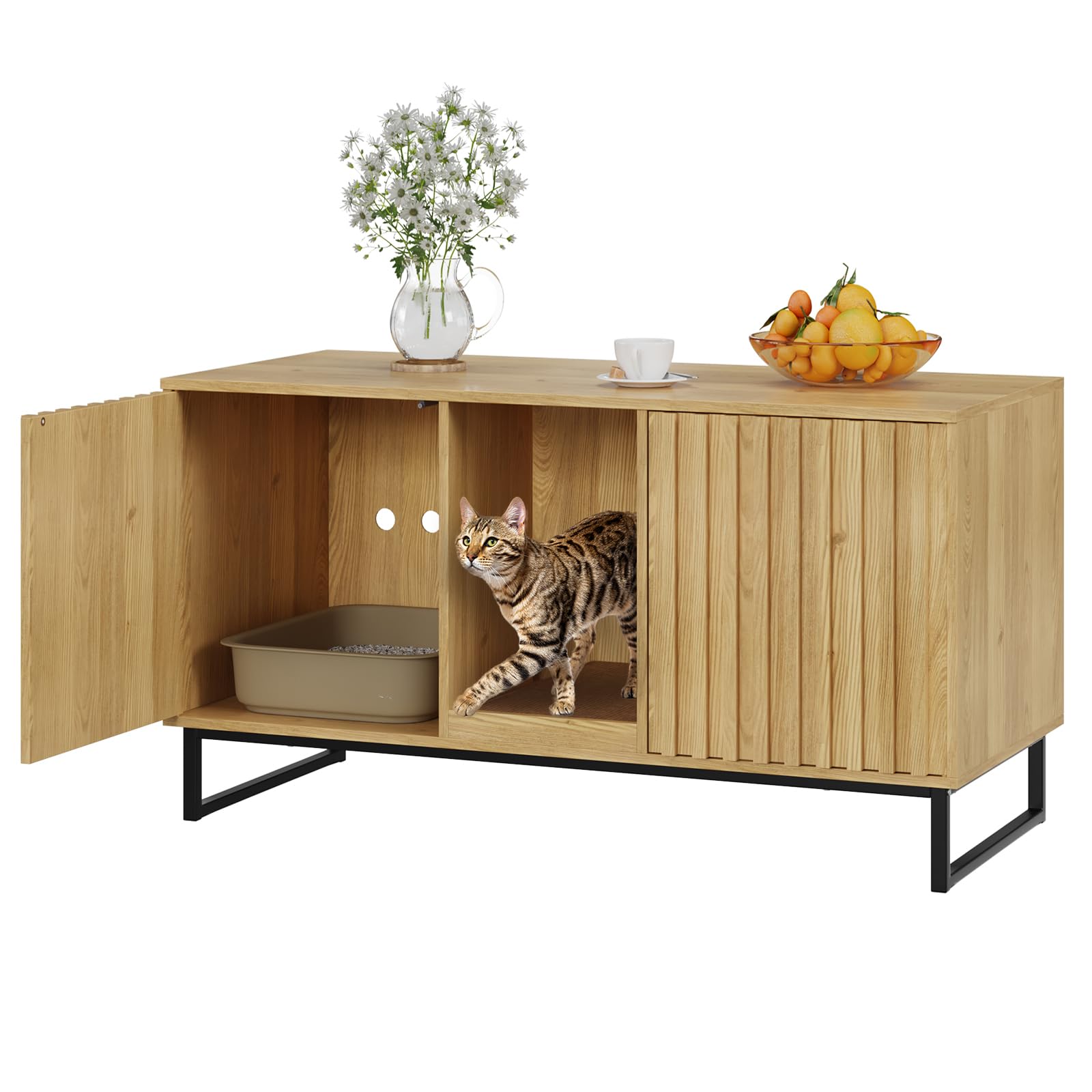 47.6’’ Large Cat Litter Box Enclosure Furniture for 2 Cats - Hidden Double Room Cat Cabinet with Scratch Pad | Indoor Cat House, TV Stand & Side Table | Perfect for Small Spaces & Multi-Cat Homes