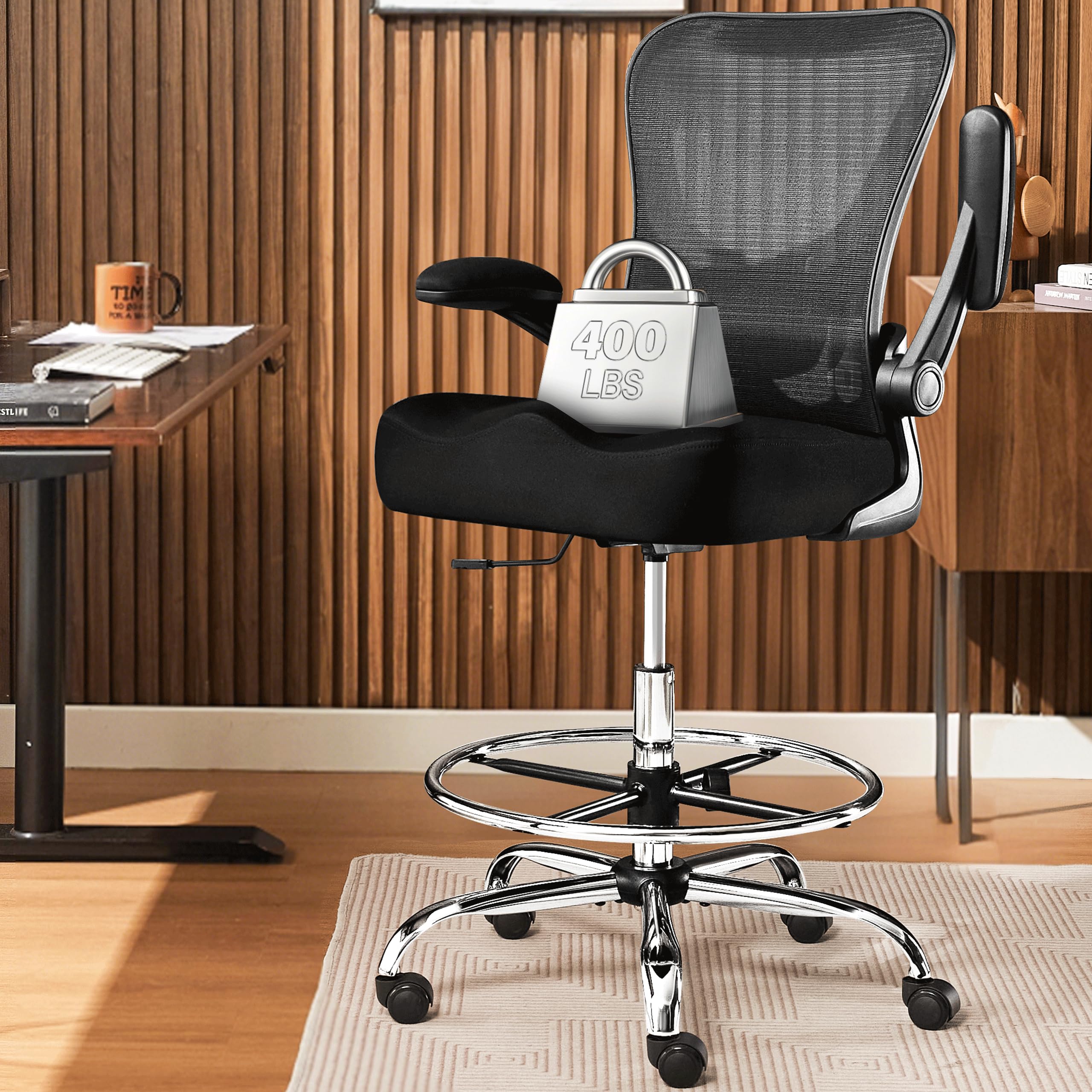 400LBS Heavy Duty Drafting Chair - Adjustable Lumbar Support & Footrest Ring, Extra Deep W-Shaped Cushion Office Chair with Breathable Mesh Back, Flip-Up Armrests for Standing Desks - Perfect for Architects, Designers & Home Office Workspaces