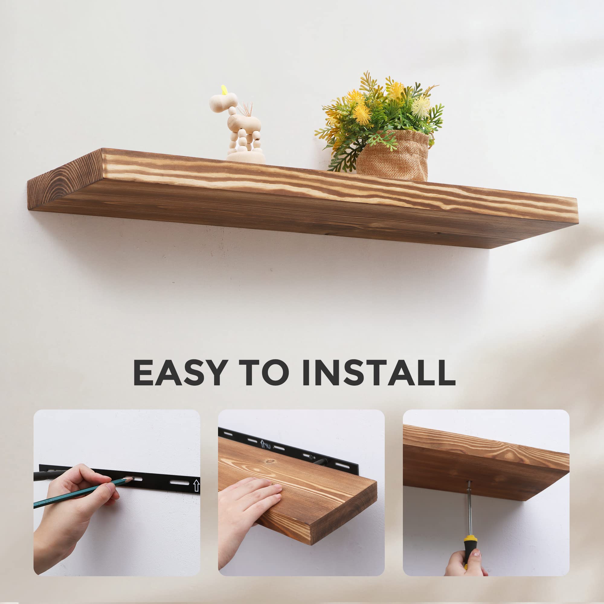 Handcrafted European Pine Floating Shelves Set of 2 - 24 Inch Natural Rustic Wood Wall Shelves for Storage & Display | Farmhouse Decor for Kitchen, Bathroom, Living Room & Bedroom | Carbonized Finish | Perfect for Organizing Spices, Books & Decor Items