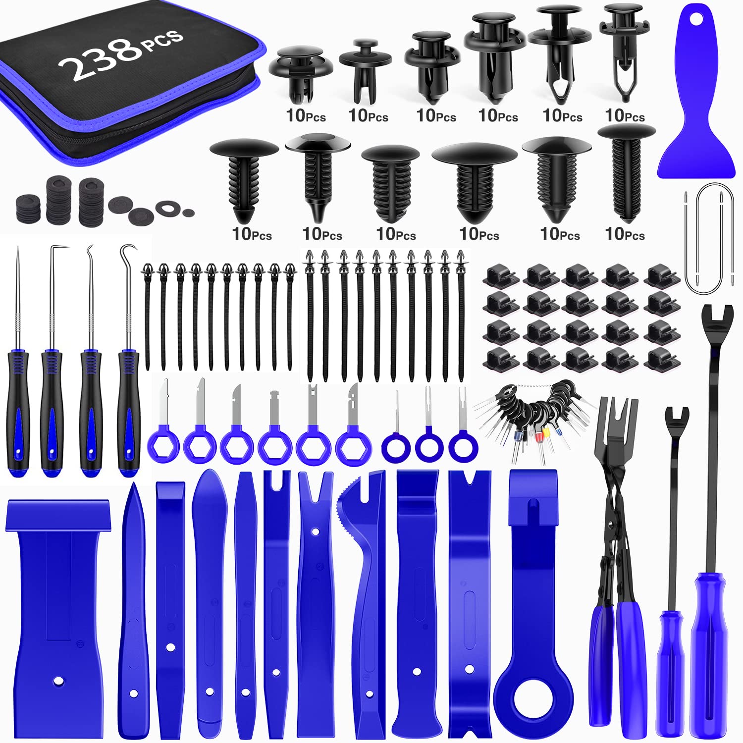 GOOACC 238Pcs Auto Trim Removal Tool Kit - Car Panel Pry Tool, Bumper Retainer Clip Set, Fastener Terminal Remover, Adhesive Cable Clips & Radio Removal Pliers (GRC-207) | Perfect for Auto Body Repair, Interior Detailing & DIY Car Maintenance