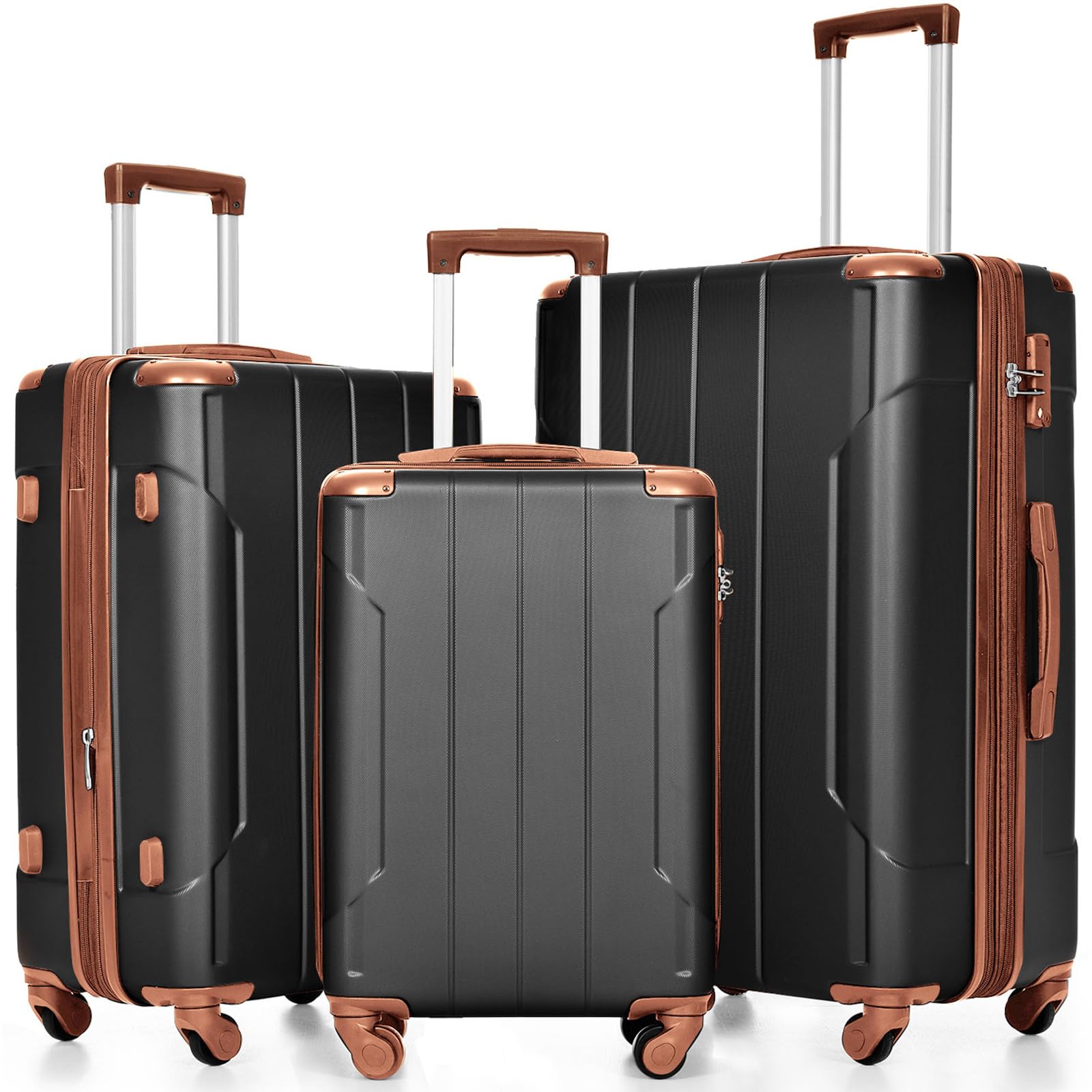 Merax 3-Piece Expandable Lightweight Spinner Luggage Set with Corner Guards (Black Brown, 20/24/28 Inch) - Perfect for Travel, Business Trips & Family Vacations