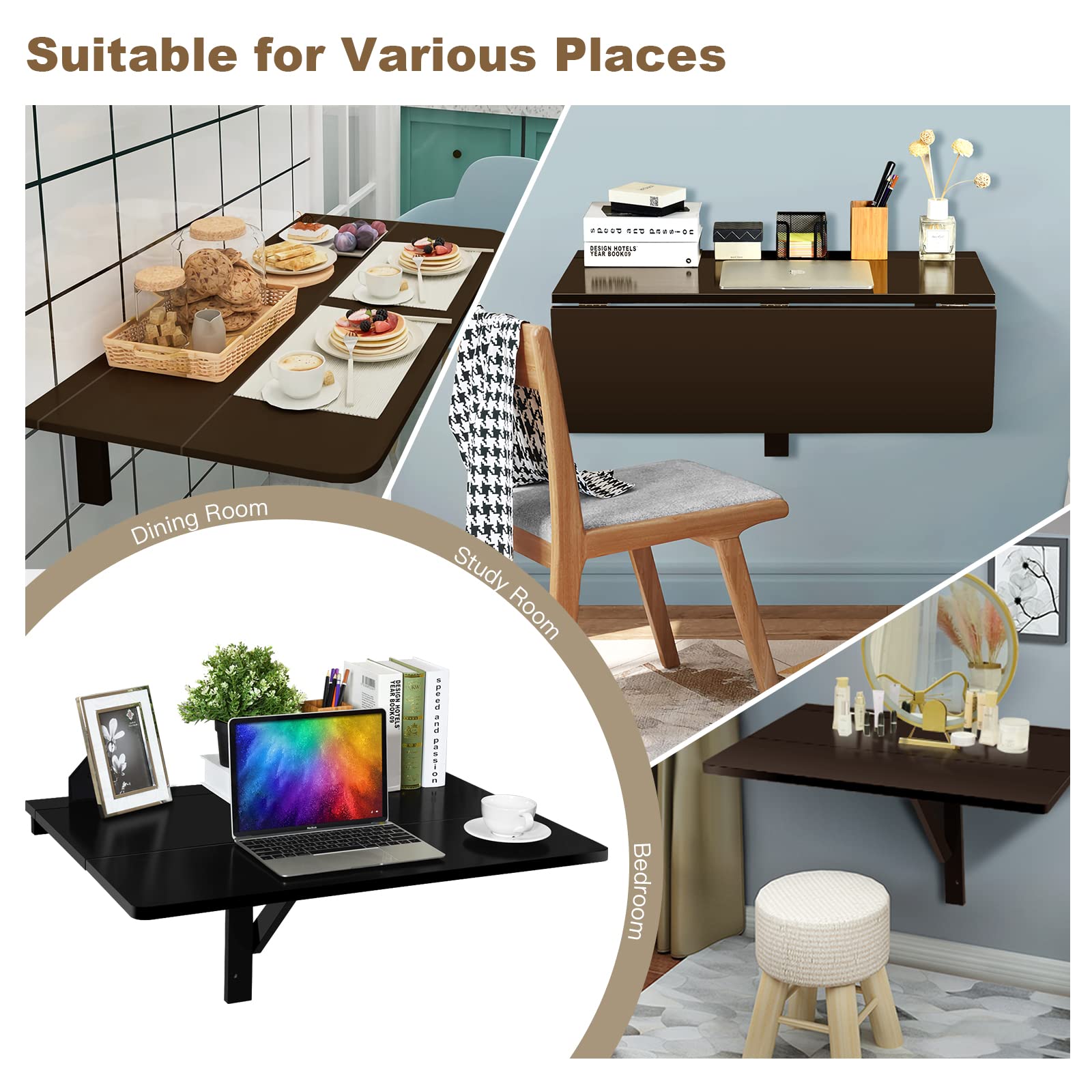 POWERSTONE Folding Wall Mounted Drop Leaf Table - Space Saving Collapsible Floating Desk for Small Spaces, Home Office, Garage, Bar, Study or Kitchen - Portable Workbench in Brown - Perfect for Apartments, Dorms & Tiny Homes