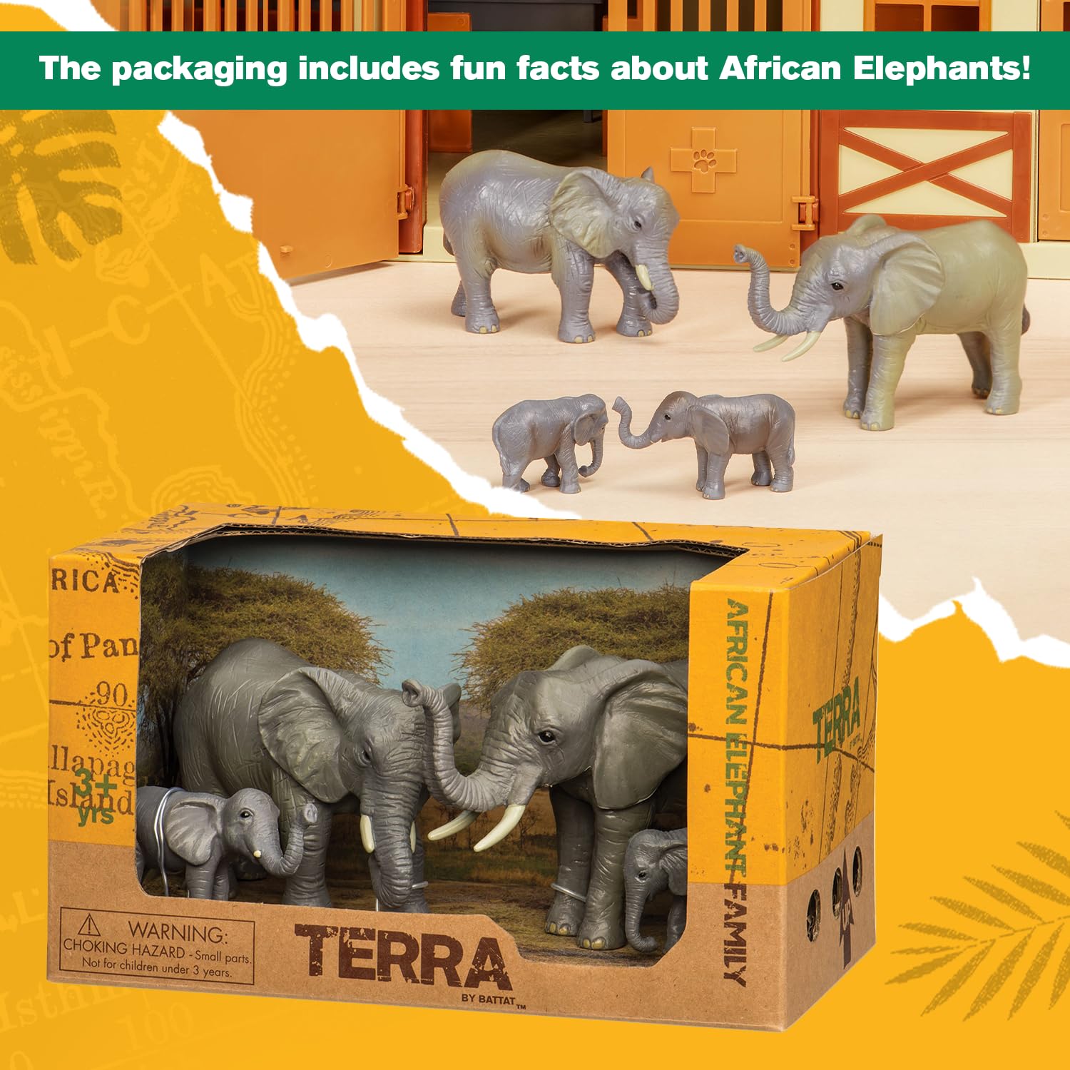 Battat Terra 4-Piece African Elephant Family Toy Set – Realistic Plastic Safari Animal Figures for Kids Ages 3+ – Perfect for Playtime, Educational Gifts & Baby Shower Decorations