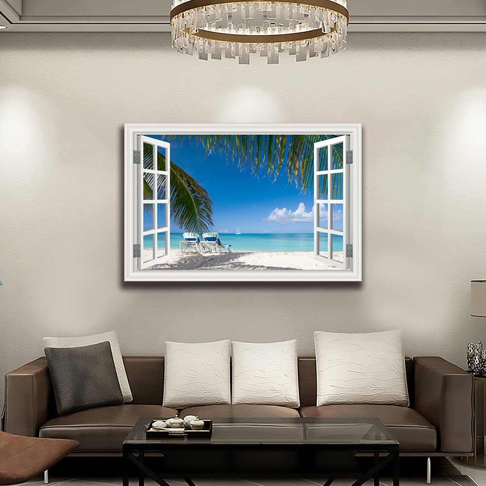 Tropical Beach Wall Art - Window Frame Style Canvas Print with Palm Tree & Blue Ocean - Coastal Decor for Living Room, Bedroom, Home - Perfect for Beach House, Vacation Rental & Coastal Theme Interior Design